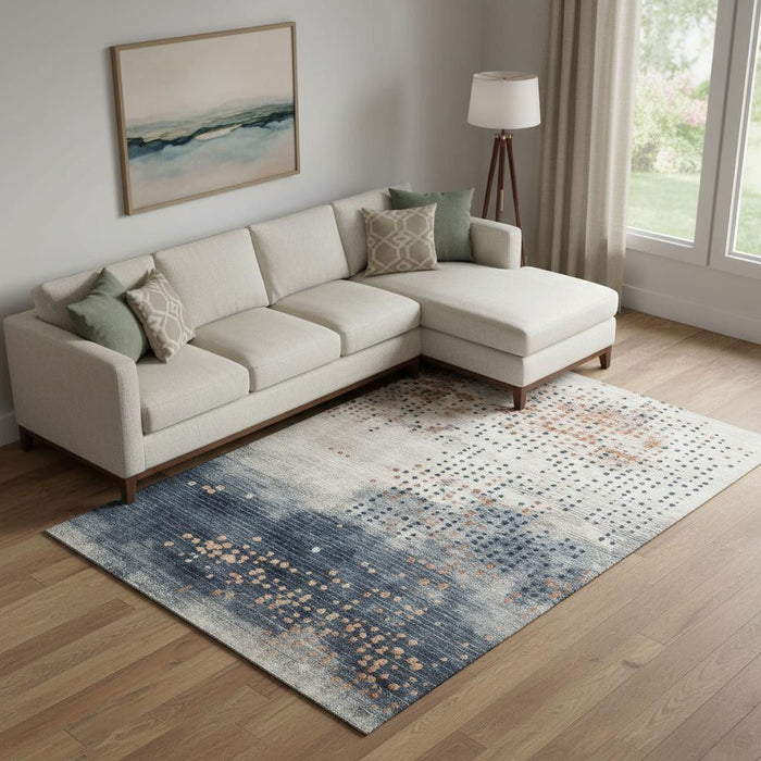 10' X 14' Geometric Washable Area Rug With UV Protection (710444) - Linen / Blue