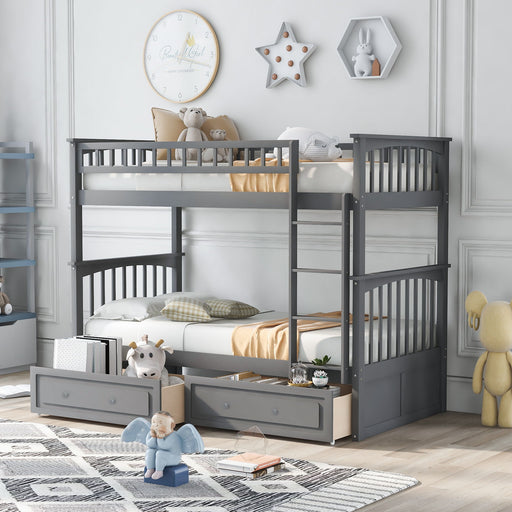 Giga twin over twin bunk bed with built-in drawers, featuring a sturdy wooden frame and convertible design for versatile sleeping space.