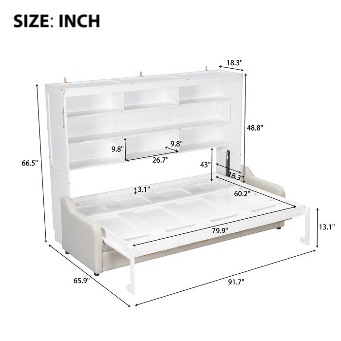 Murphy Cabinet Bed With Folding Sofa, Built In Storage Shelves And LED Light