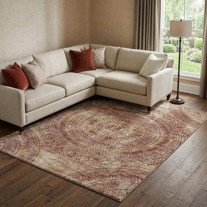 8' X 10' Medallion Washable Area Rug With UV Protection (644902) - Burnt Sienna / Ivory