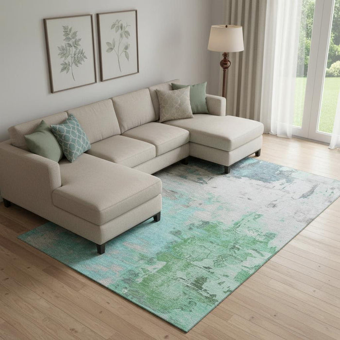 10' X 14' Abstract Washable Area Rug With UV Protection (709944) - Teal / Green / Ivory