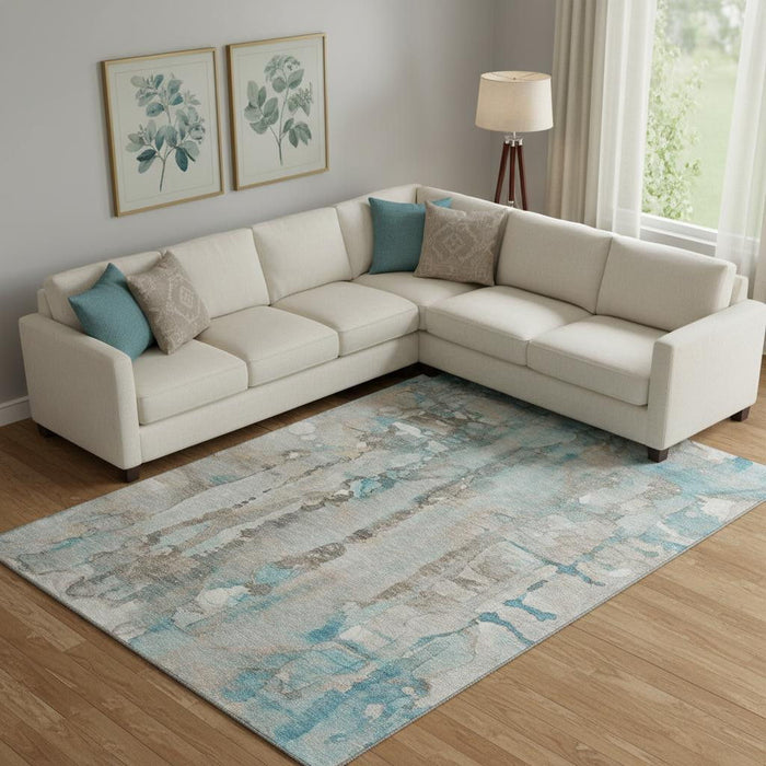 10' X 14' Abstract Washable Area Rug With UV Protection (718532) - Teal / Ivory