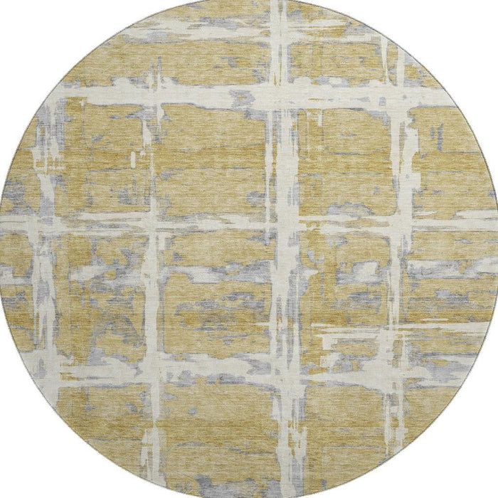 8' Striped Washable Round Rug With UV Protection - Gold
