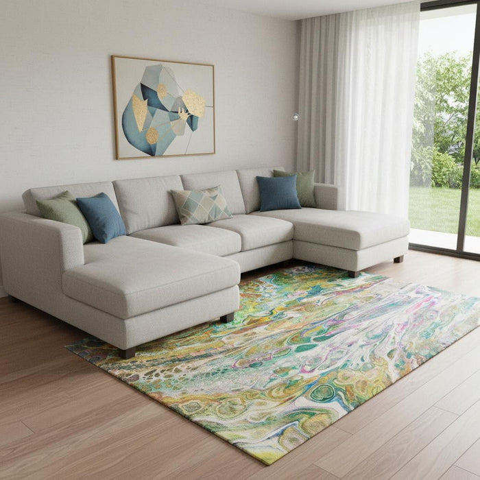 10' X 14' Abstract Washable Area Rug With UV Protection (650938) - Green / Gold / Teal