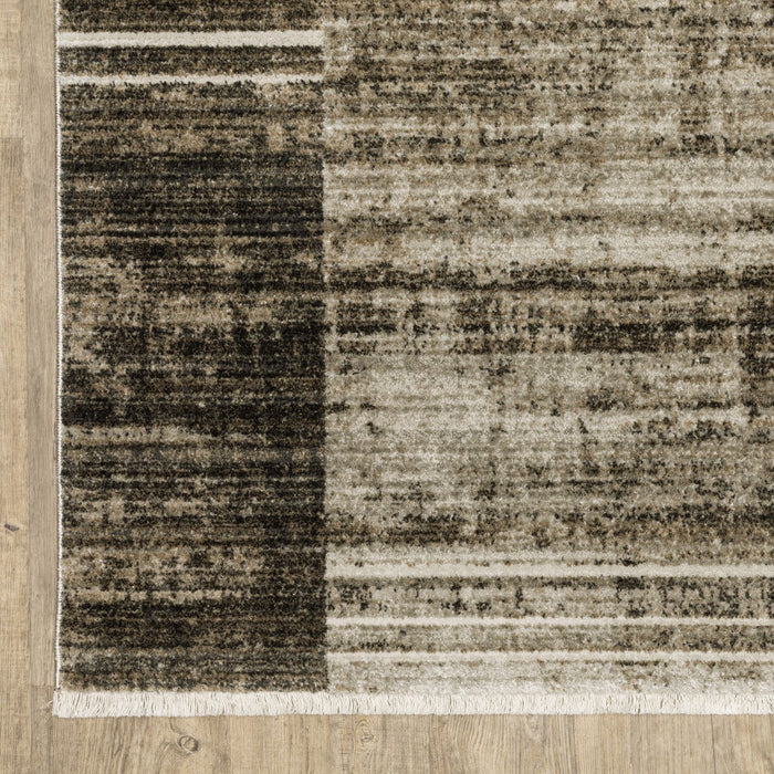 8' x 11' Geometric Power Loom Stain Resistant Area Rug With Fringe - Beige Charcoal Brown Gray Tan Gold And Blue
