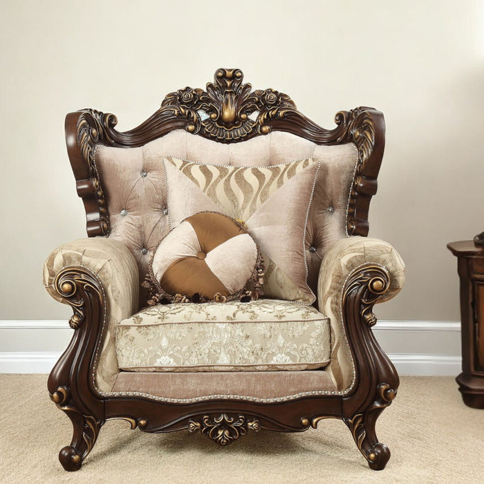 Fabric Damask Tufted Arm Chair And Toss Pillows - Beige And Brown