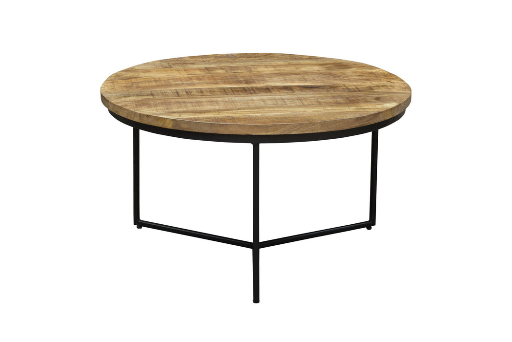 32" Solid Wood And Iron Round Distressed Cross Legs Coffee Table - Black And Natural