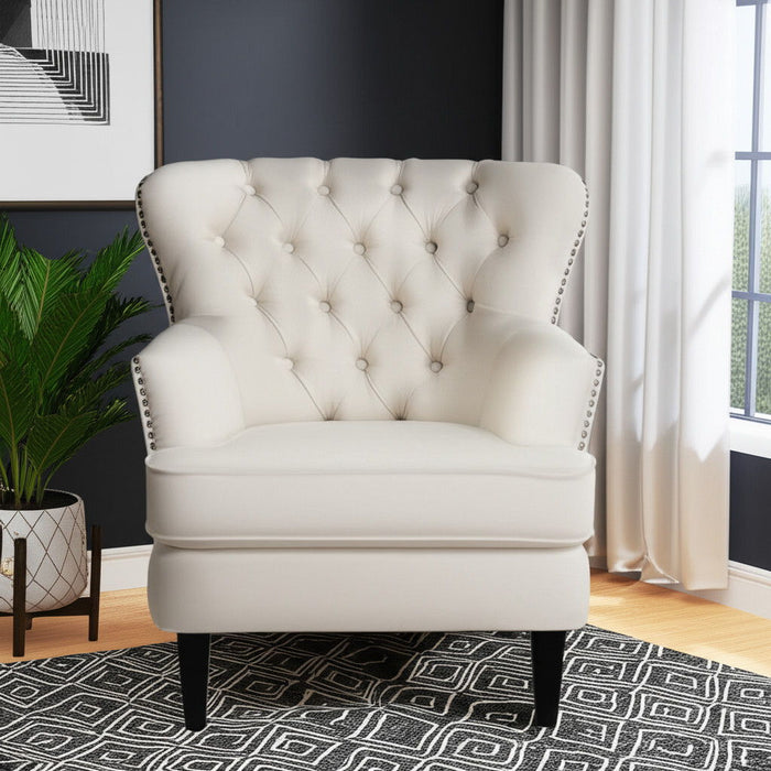 35" Fabric Tufted Wingback Chair - Beige / Black