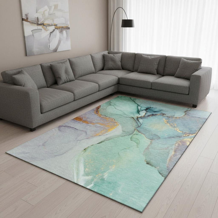 10' X 14' Abstract Washable Area Rug With UV Protection (646846) - Teal / Gold / Ivory