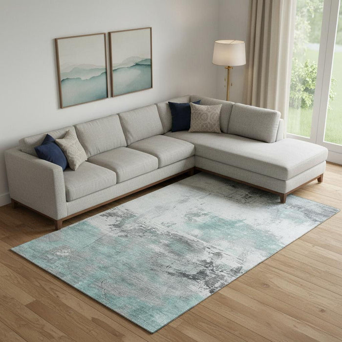 10' X 14' Abstract Washable Area Rug With UV Protection (697188) - Teal / Gray / Ivory