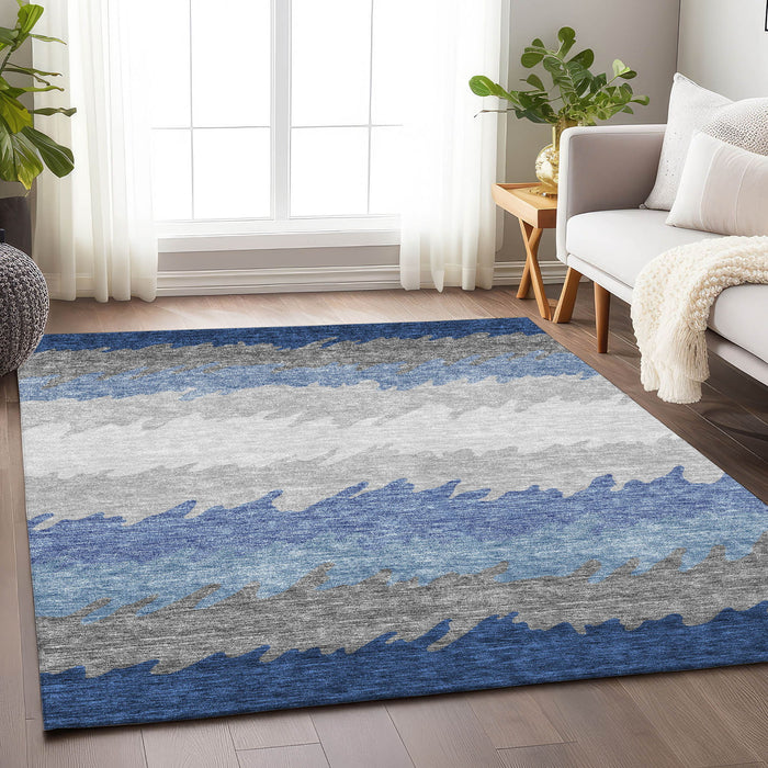 9' X 12' Transitional Striped Washable Area Rug With UV Protection - Navy Blue