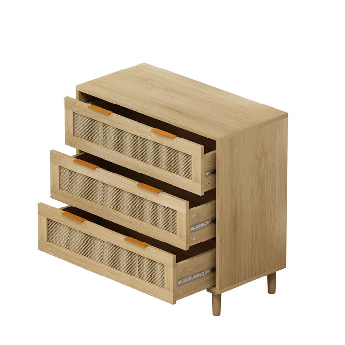 Giga oak storage cabinet with three drawers and rattan fronts, ideal for bedroom or living room organization.