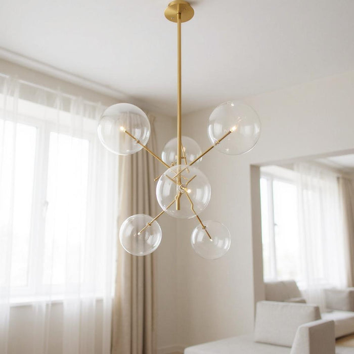 Antiqued brass Sputnik four-light metal chandelier with shades, modern lighting fixture, HomeRoots chandelier in a stylish design