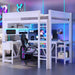 Giga gaming loft bed with desk, storage shelves, LED lighting, and charging station in a modern bedroom setting.