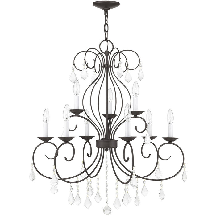 Nine Light Metal Dimmable Chandelier With Shades - Bronze / Clear