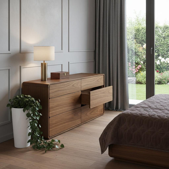 Solid Wood Six Drawer, Double Dresser - Walnut