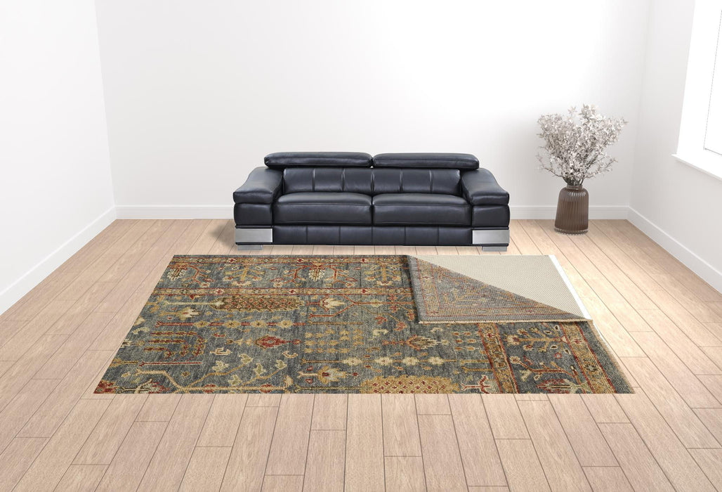 12' x 15' Wool Floral Hand Knotted Stain Resistant Area Rug With Fringe - Gray Gold And Red