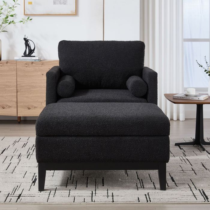 Giga farmhouse upholstered accent chair with matching ottoman and reversible lid coffee table in a cozy, rustic living space.