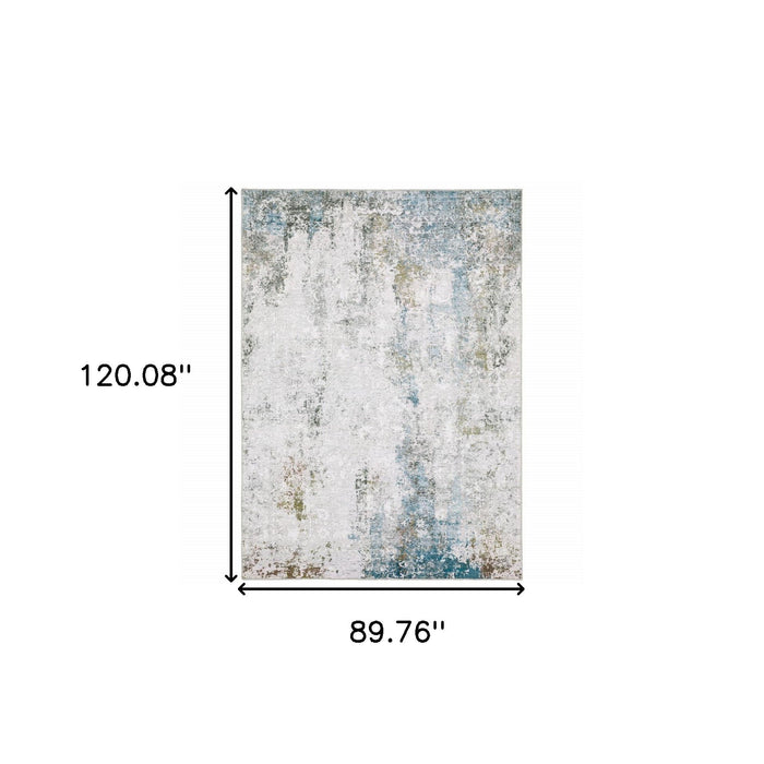 8' x 10' Abstract Printed Stain Resistant Non Skid Area Rug - Ivory Teal Blue Gray Brown And Gold