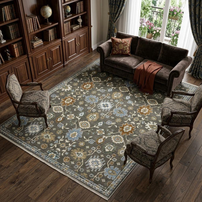 10' X 13' Floral Area Rug With Fringe (576511) - Gray / Blue / Brown