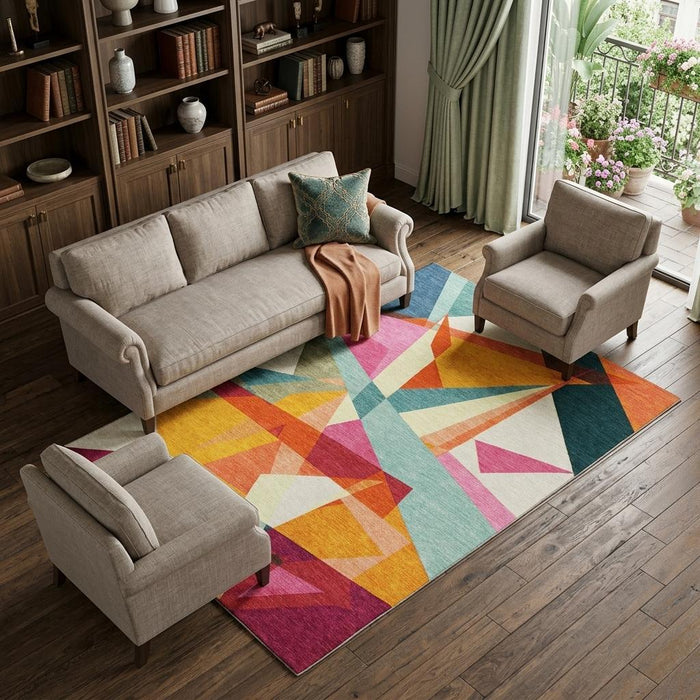 10' X 14' Geometric Washable Area Rug With UV Protection (696536) - Ivory / Orange / Pink