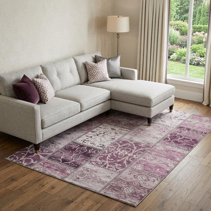 10' X 14' Patchwork Distressed Washable Area Rug With UV Protection (649558) - Burgundy / Ivory