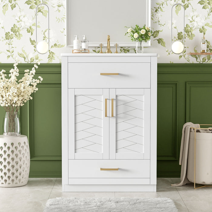 Modern Giga bathroom vanity with integrated ceramic sink, two-door cabinet, and tip-out drawer, showcasing sleek design.