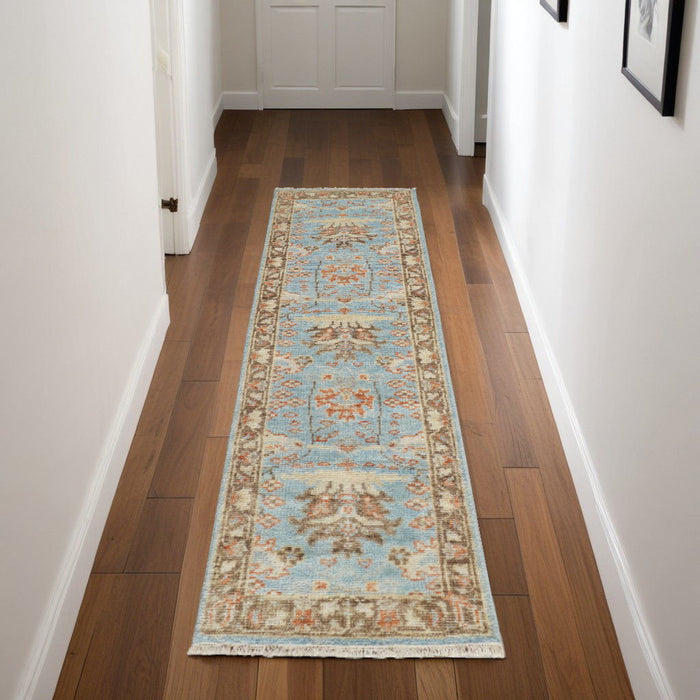 8' Wool Oriental Hand Knotted Runner Rug - Brown And Blue