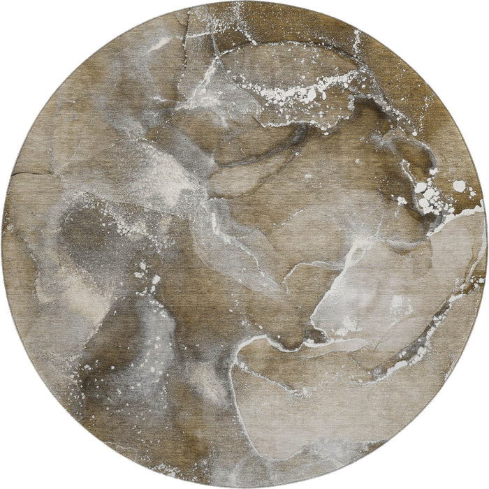 8' Abstract Washable Round Rug With UV Protection (647221) - Brown / Ivory / Gray