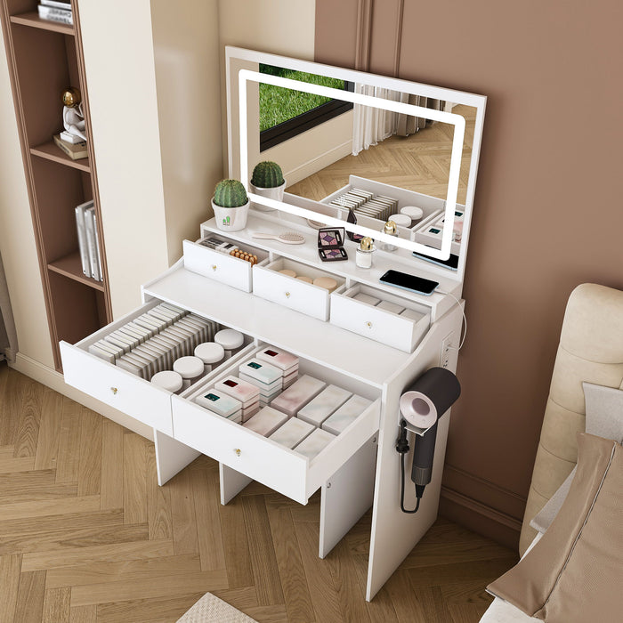 Giga modern makeup vanity set with adjustable lighting, power outlet, and hair dryer holder, featuring sleek design and mirror.