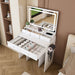 Giga modern makeup vanity set with adjustable lighting, power outlet, and hair dryer holder, featuring sleek design and mirror.