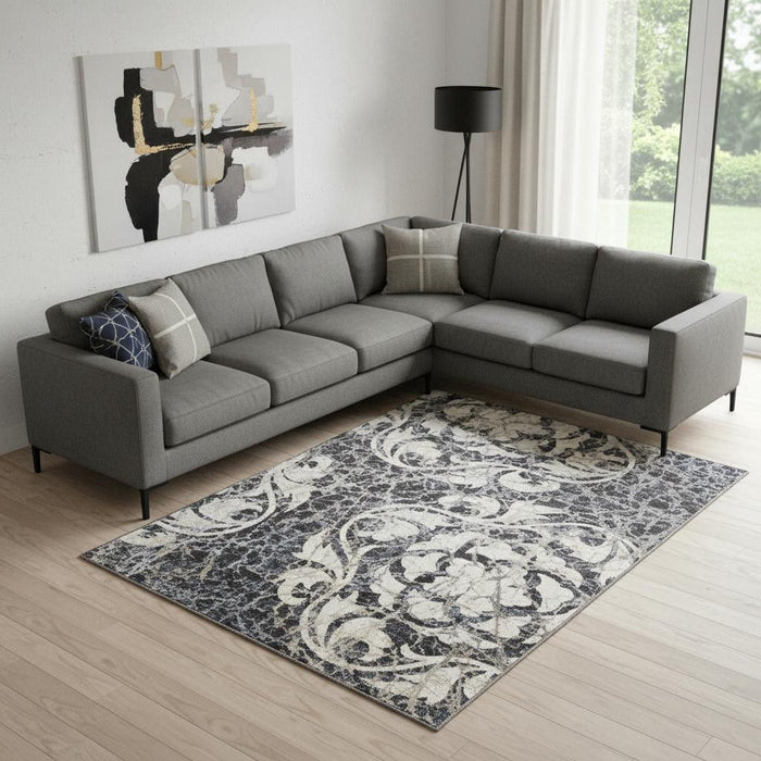 9' X 13' Floral Distressed Non Skid Area Rug (551507) - Ivory / Charcoal / Gray