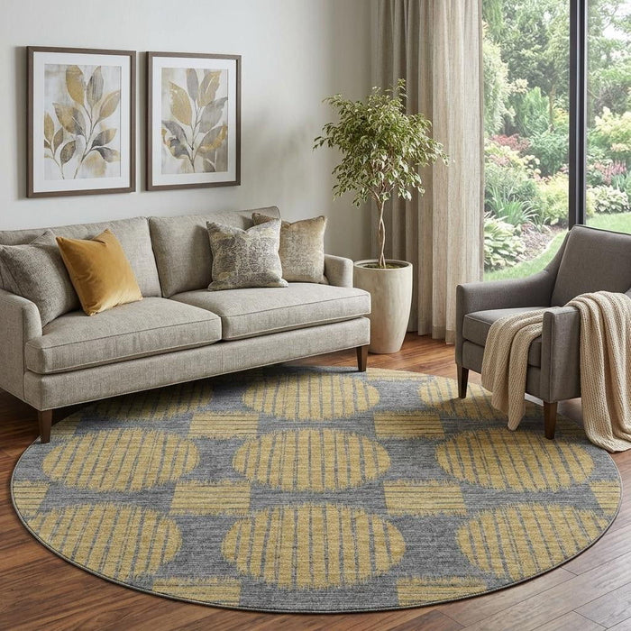 8' Geometric Washable Round Rug With UV Protection (645046) - Gold / Gray