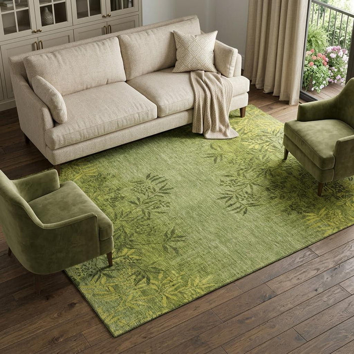 8' X 10' Floral Washable Area Rug With UV Protection (655660) - Olive Green / Gold