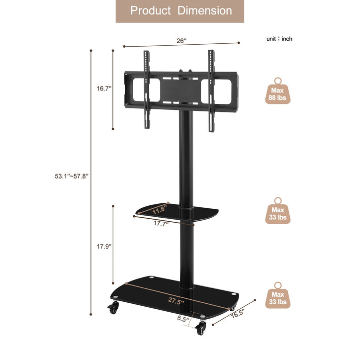 Giga black mobile TV stand with adjustable height and angle, tempered glass shelves, lockable wheels, and metal frame for LCD or plasma TVs.