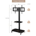 Giga black mobile TV stand with adjustable height and angle, tempered glass shelves, lockable wheels, and metal frame for LCD or plasma TVs.