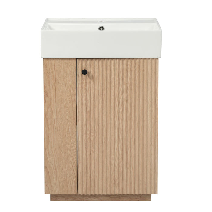 Giga bathroom vanity with sink, freestanding wood grain cabinet featuring storage drawers and modern design.