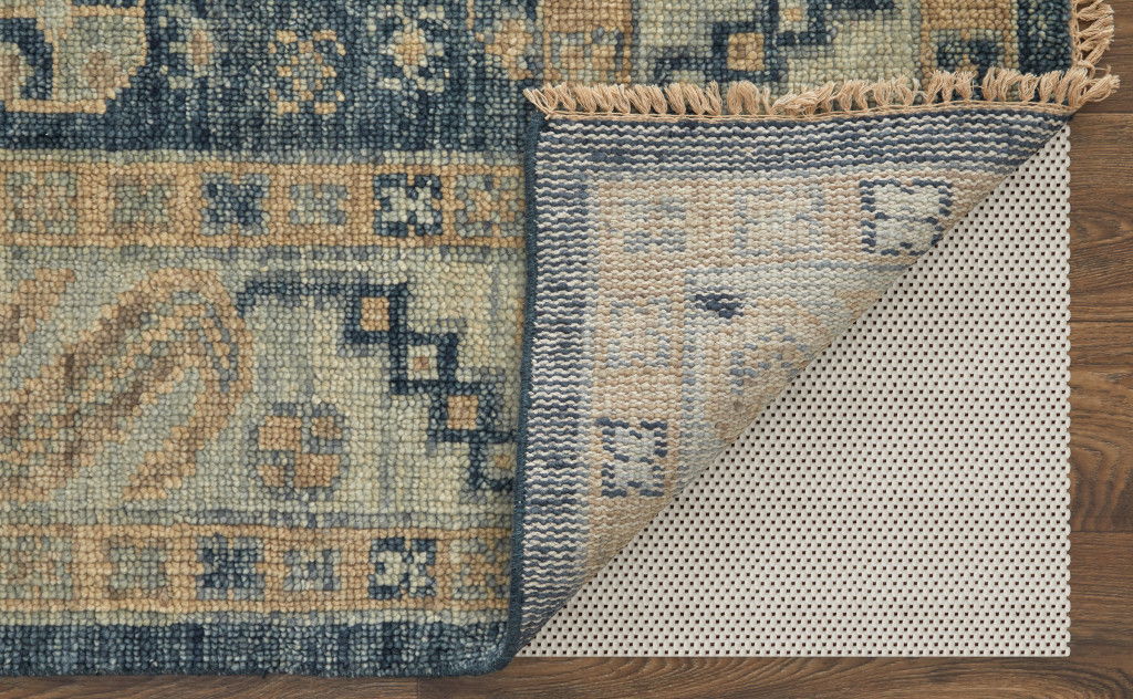 14' Wool Geometric Hand Knotted Runner Rug With Fringe - Blue And Ivory
