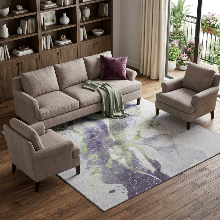 10' X 14' Abstract Washable Area Rug With UV Protection (694218) - Purple / Green / Ivory