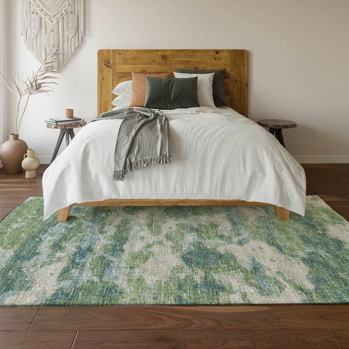 9' X 12' Abstract Washable Area Rug Polyester With UV Protection - Green / Ivory