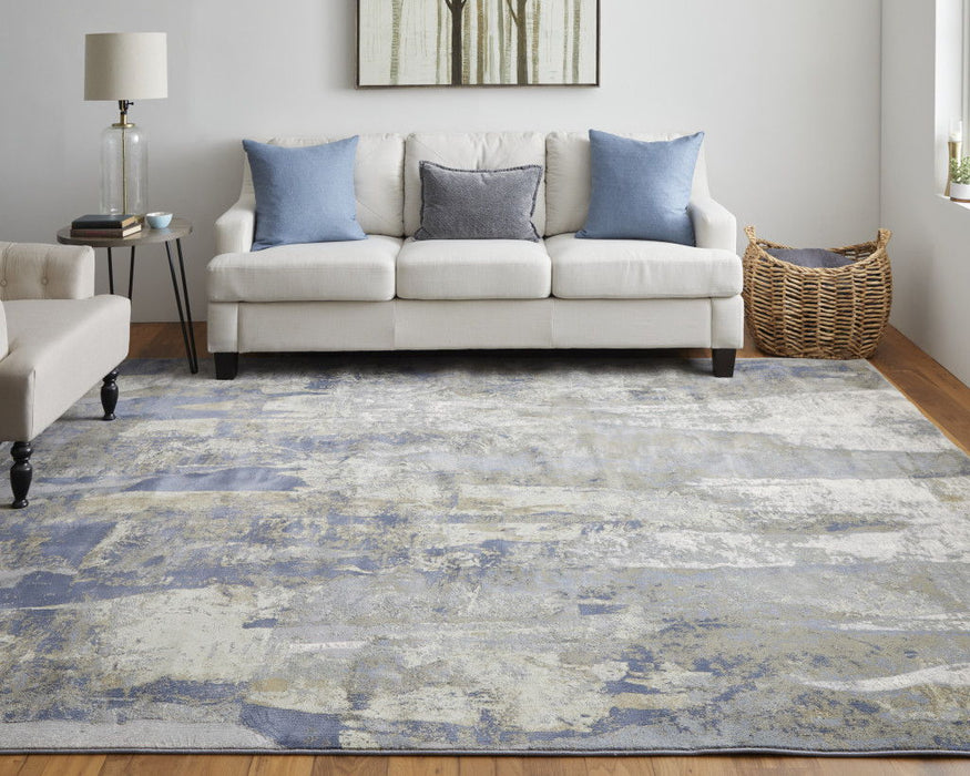12' x 15' Abstract Power Loom Distressed Area Rug - Blue Gray And Tan
