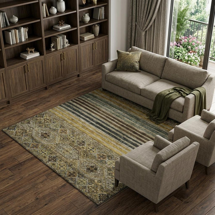 10' X 14' Striped Washable Area Rug With UV Protection (695744) - Gray / Gold / Brown