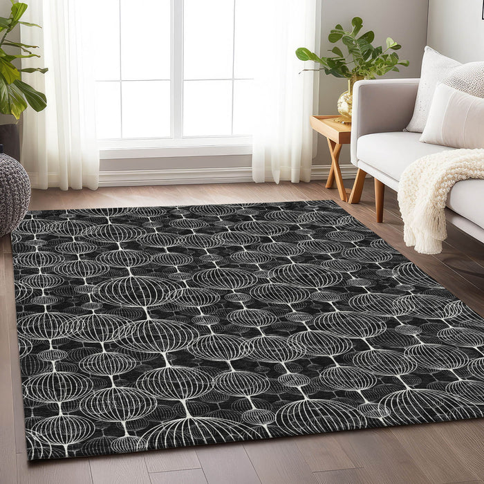 10' X 14' Geometric Washable Area Rug With UV Protection - Black And Ivory
