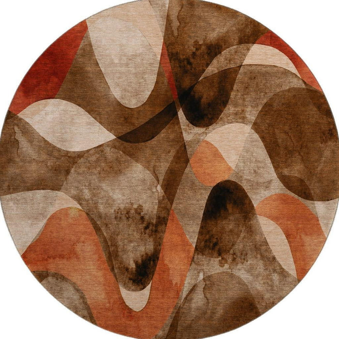 8' Abstract Washable Round Rug With UV Protection (648067) - Chocolate / Beige / Copper