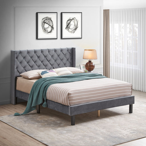 Gray Giga Queen platform tufted upholstered bed with winged design and wood slat support, showcasing plush fabric and elegant style.