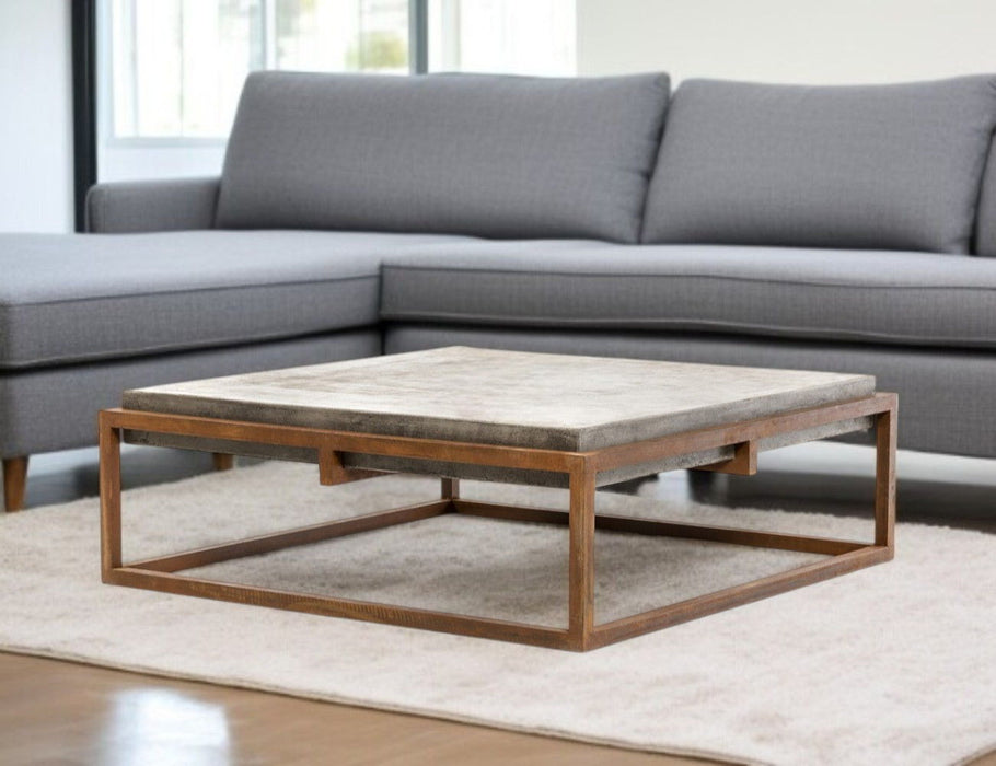 Concrete And Iron Square Abstract Coffee Table - Dark Gray / Rust