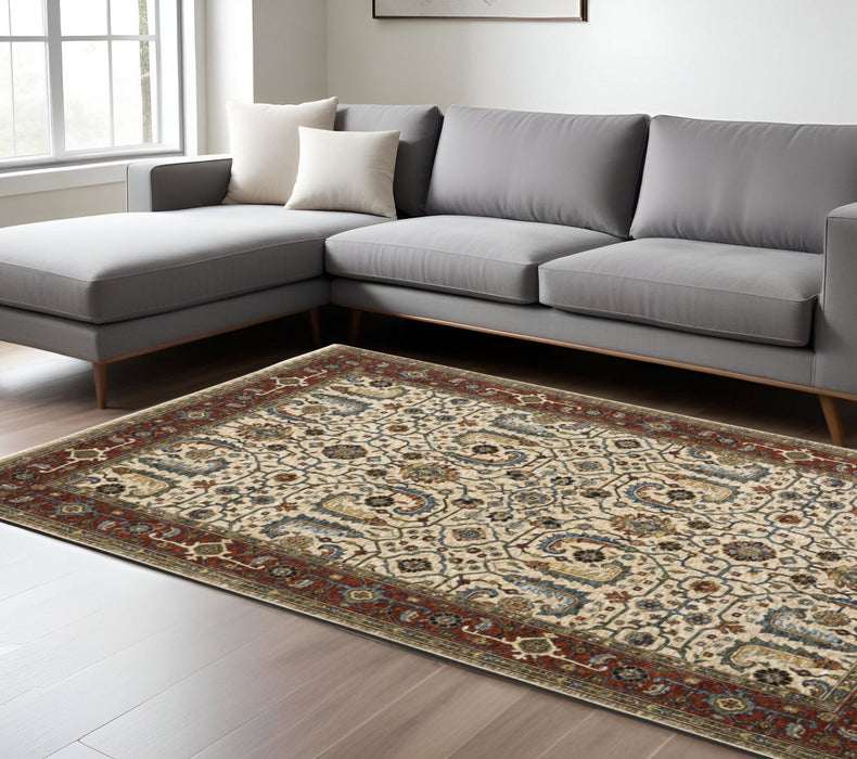 6.6' x 9.7' Oriental Power Loom Area Rug With Fringe - Red And Ivory