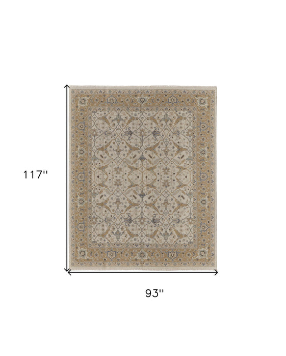 8' x 10' Wool Oriental Hand Knotted Area Rug With Fringe - Ivory Gray And Tan