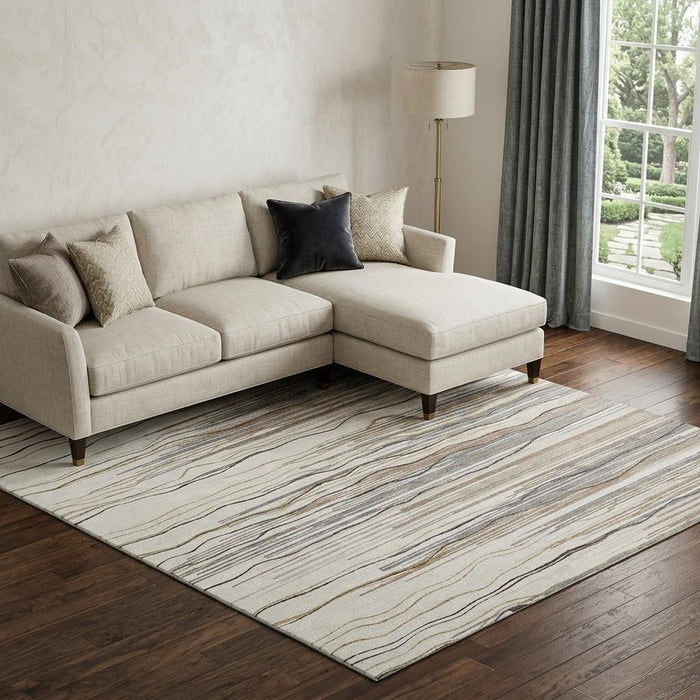 10' X 14' Striped Washable Area Rug With UV Protection (678383) - Ivory / Gray / Brown