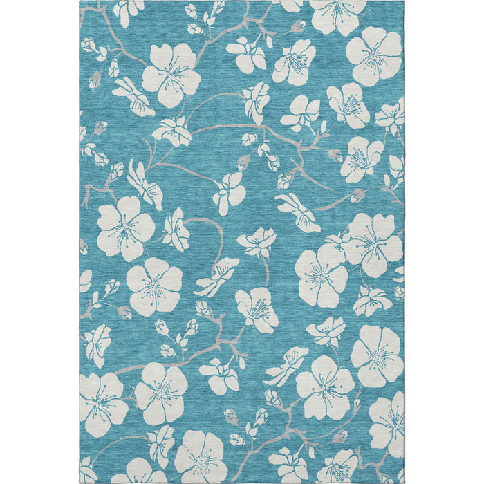 10' X 14' Floral Washable Area Rug With UV Protection (681083) - Turquoise / Ivory